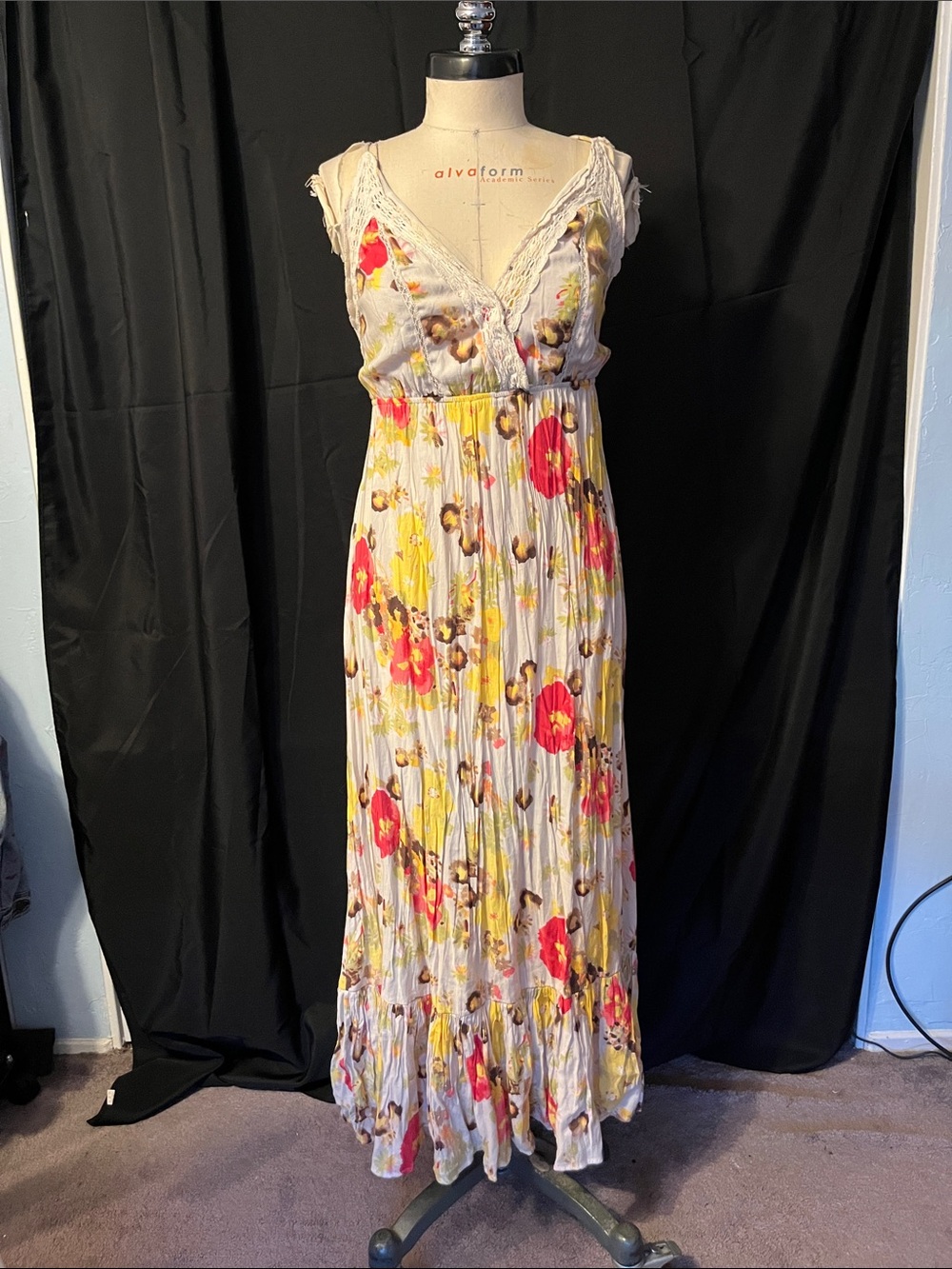 Boho Floral Maxi Dress in Cream with Pink & Yellow Flowers